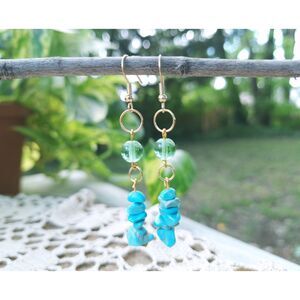 Colorful Boho Turquoise Gemstone and Glass Gold Plated Copper Dangle Earrings